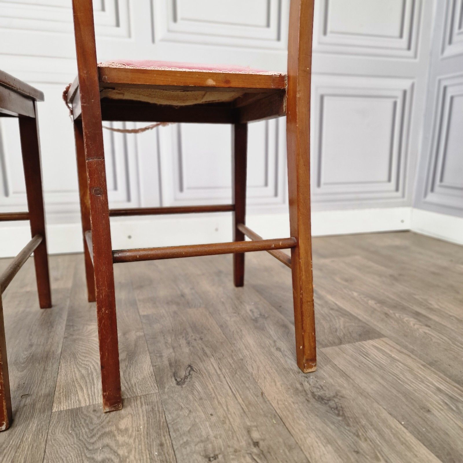 photo buy Pair X2 Antique Chairs Edwardian Wooden Slat Back  Upholstered Bedroom