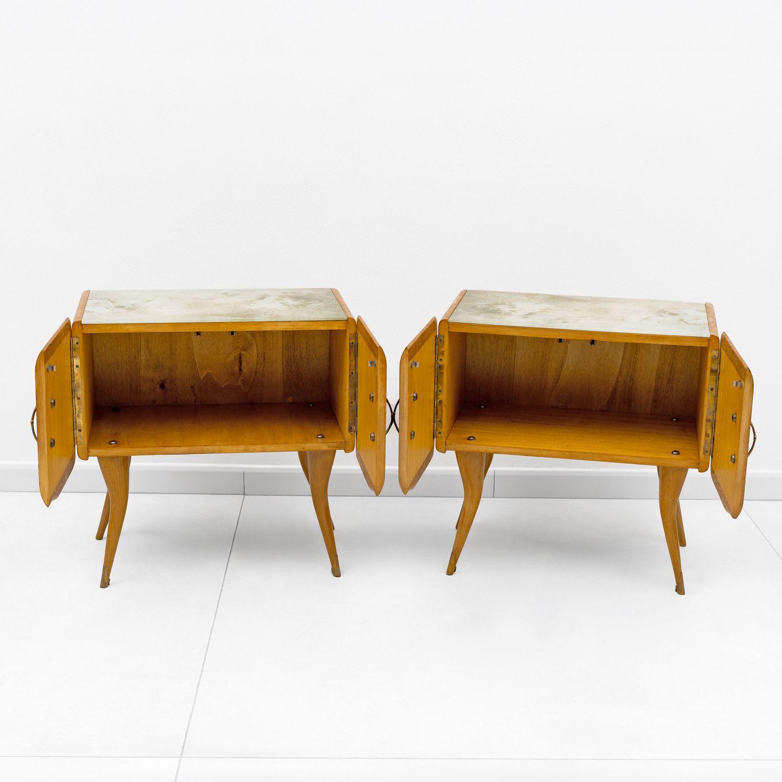 Pair Of Mid Century Style Beech And Chestnut Burl Bedside Tables, 1950s photo for sale