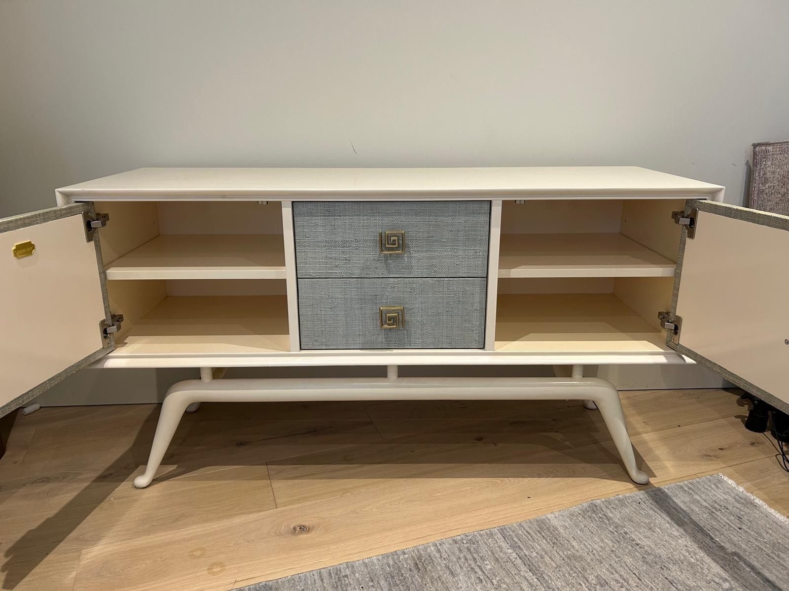 Jonathan Adler Siam Credenza Sideboard   Ivory Lacquered Mahogany With Ice Blue Natural Raffia Doors And Brass Features photo for sale
