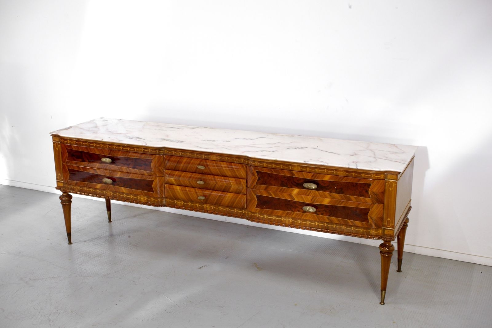 Italian Midcentury Sideboard In Walnut, Carrara Marble And Brass Manufactured In Cantu. photo furniture