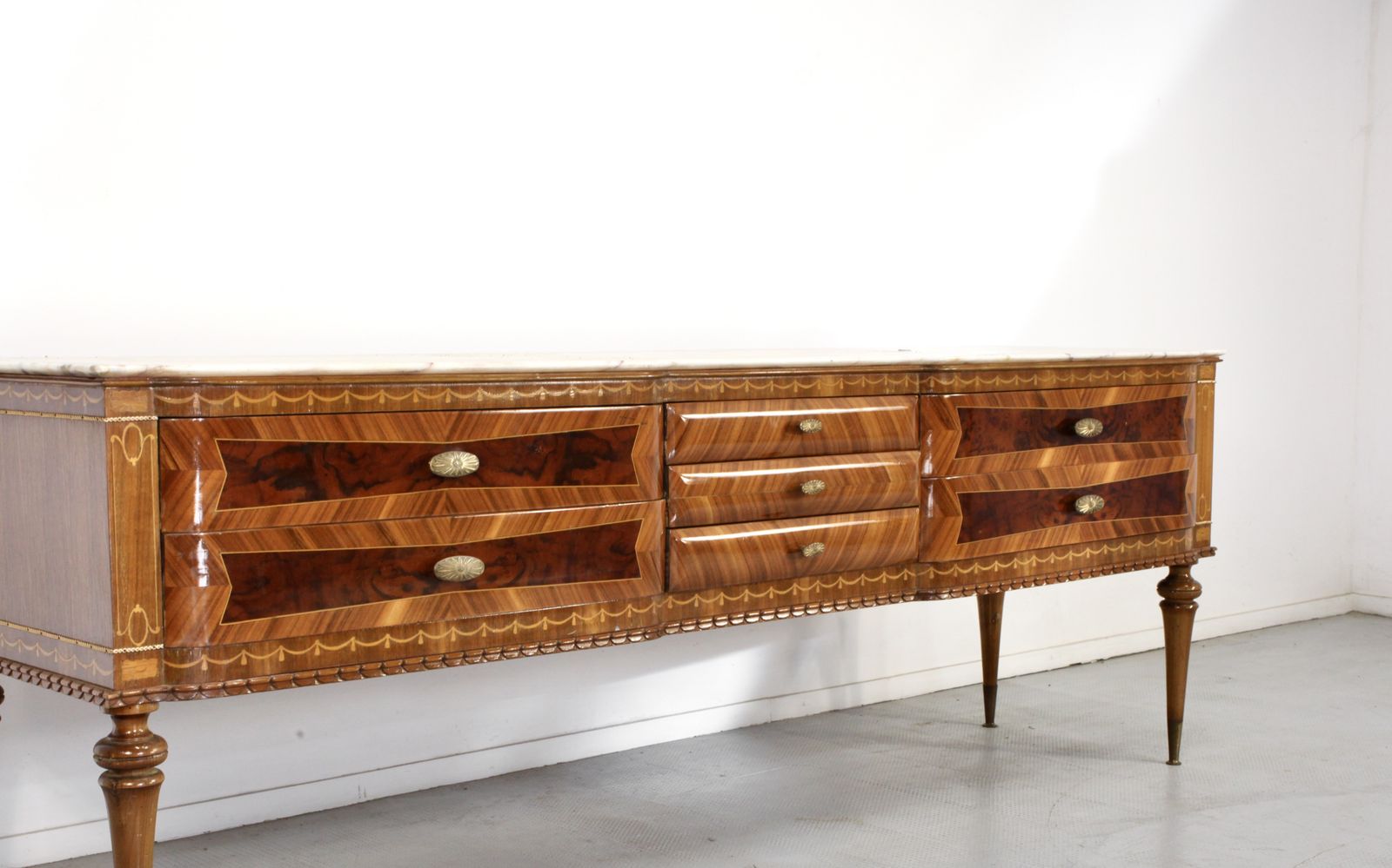 Italian Midcentury Sideboard In Walnut, Carrara Marble And Brass Manufactured In Cantu. photo Furniture