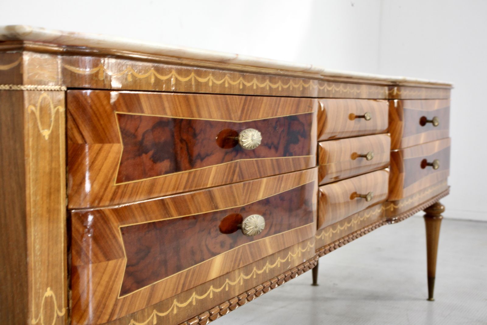 Italian Midcentury Sideboard In Walnut, Carrara Marble And Brass Manufactured In Cantu. photo vinterior