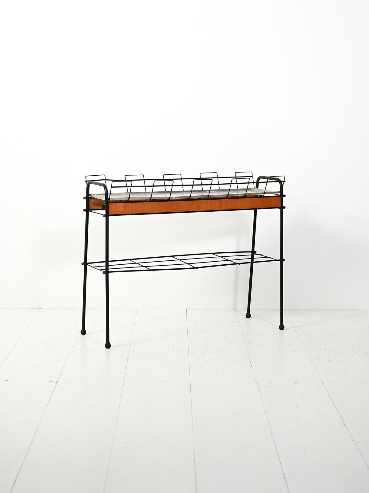 Scandinavian Flower Stand In Black Metal And Teak photo for sale