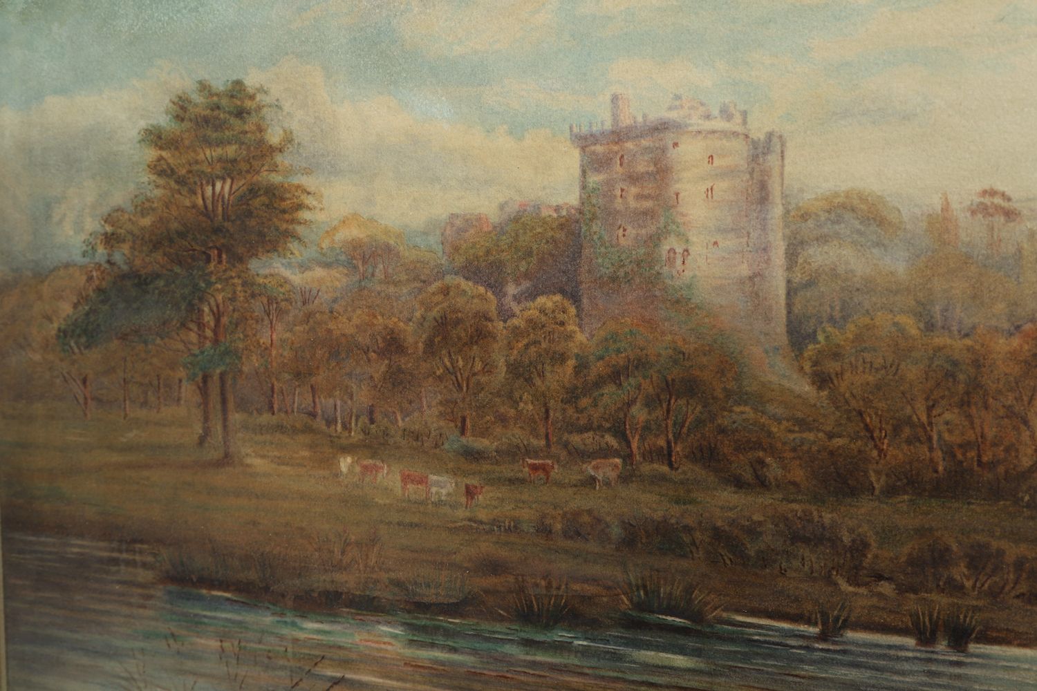 photo buy Large Antique English Watercolour Painting Picture Of A Castle & River Landscape Scene By David Cox Jnr. (Circa 1840)