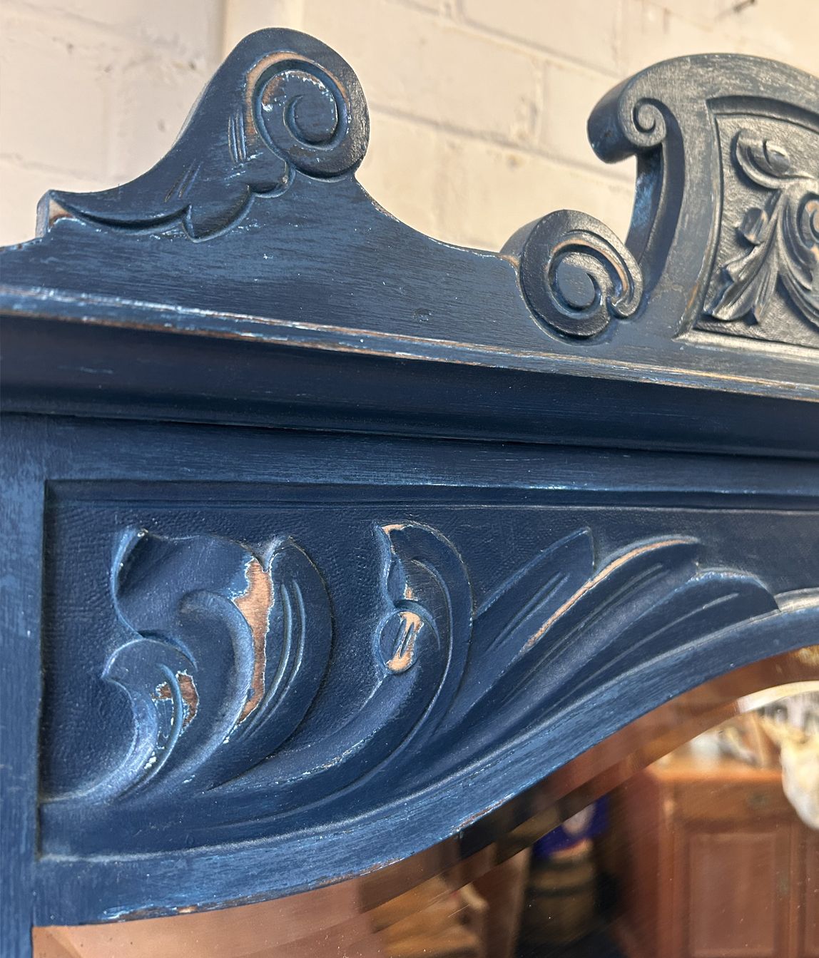 Antique Painted Dressing Chest With Mirror – Deep Blue & Natural Wood photo 950.0