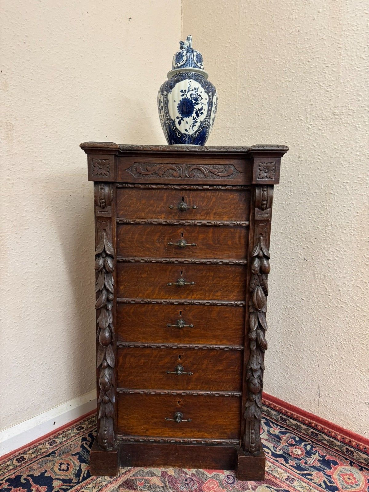 Rare 19th Century Carved Oak Wellington Chest Of Drawers Circa 1880 photo vinterior