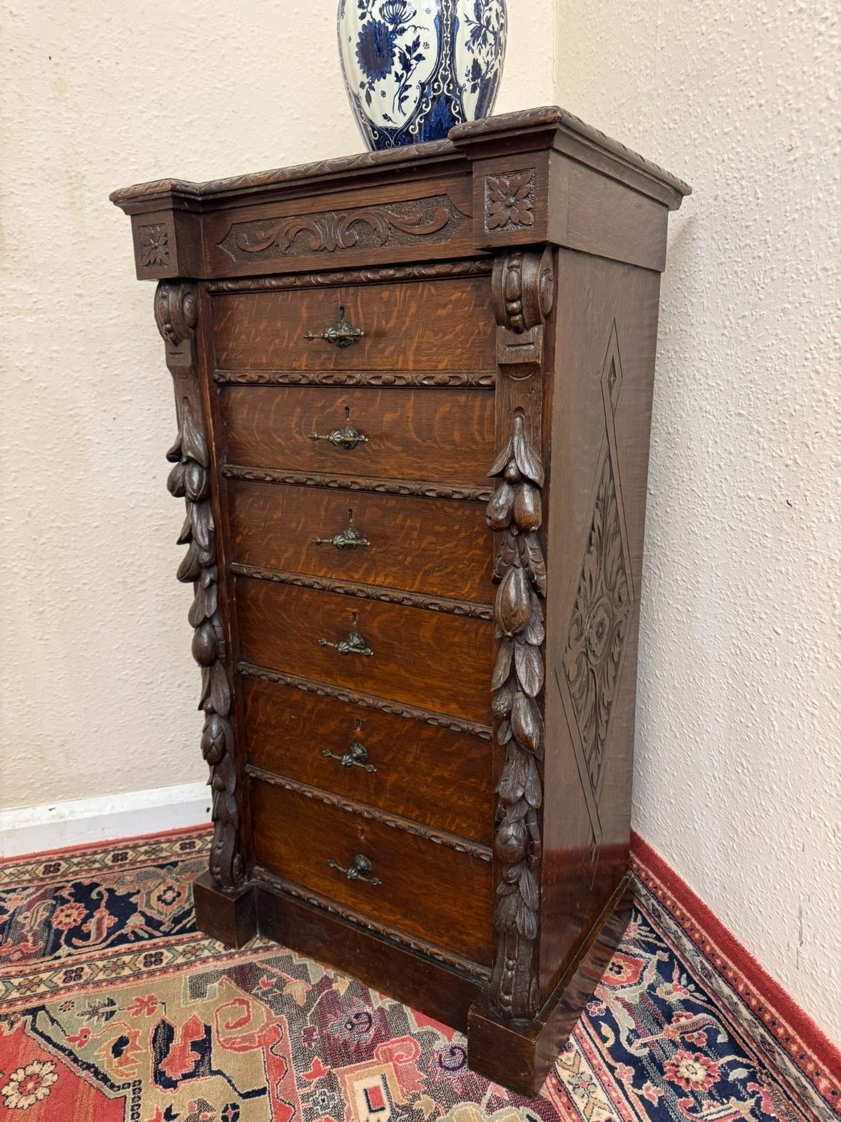 Rare 19th Century Carved Oak Wellington Chest Of Drawers Circa 1880 photo buy