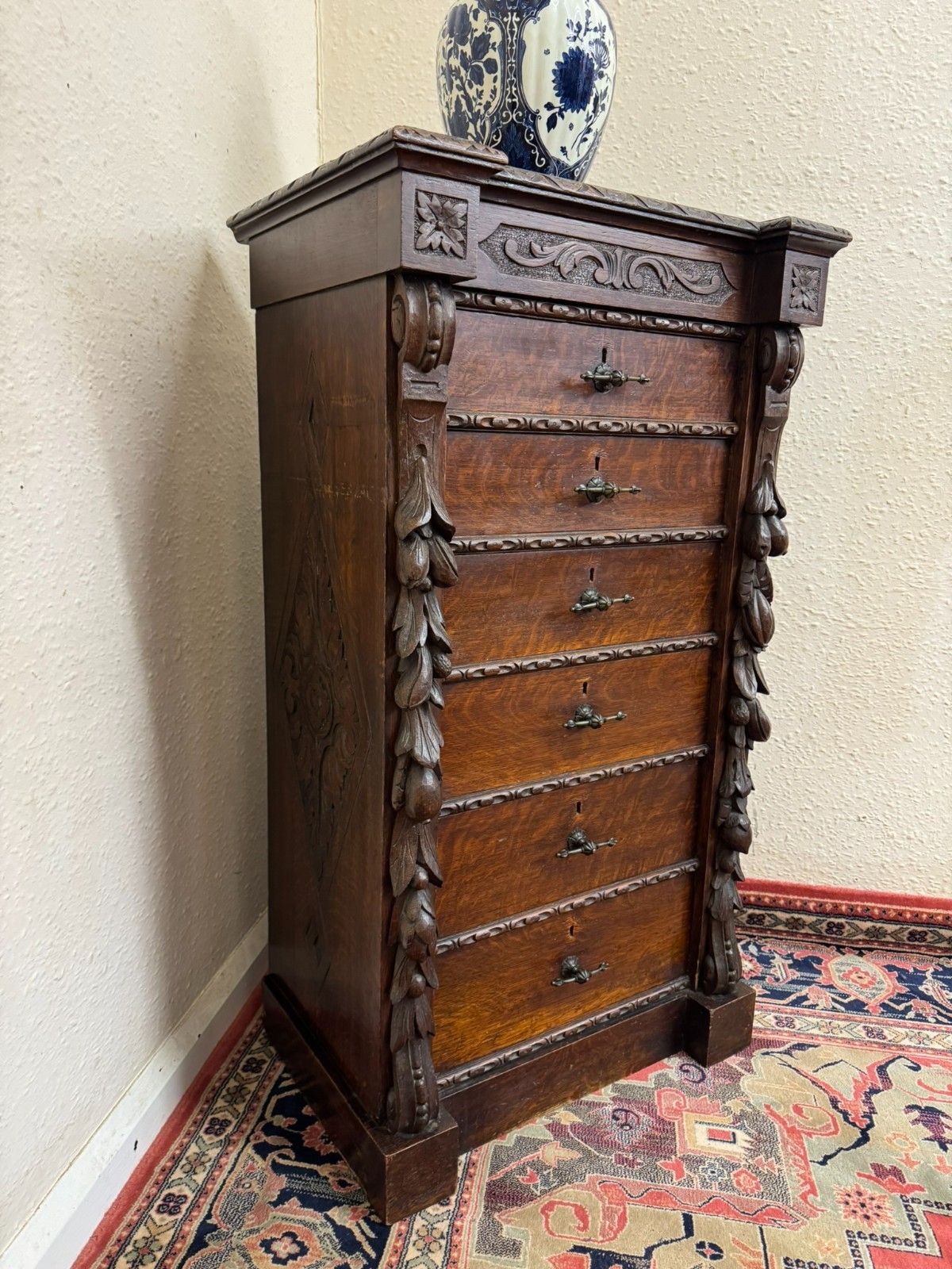 Rare 19th Century Carved Oak Wellington Chest Of Drawers Circa 1880 photo vintage