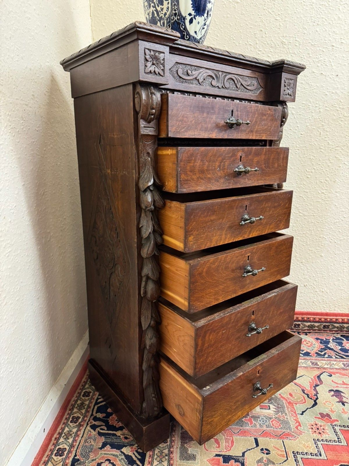 Furniture Rare 19th Century Carved Oak Wellington Chest Of Drawers Circa 1880 photo