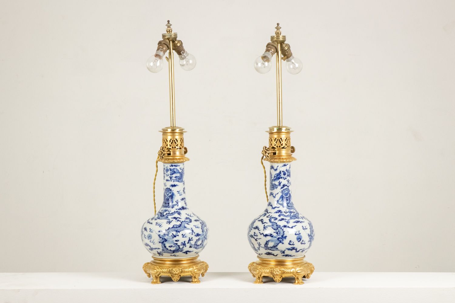 Pair Of Porcelain Lamps Decorated With Dragons, Gilt Bronze. Circa 1880 photo buy