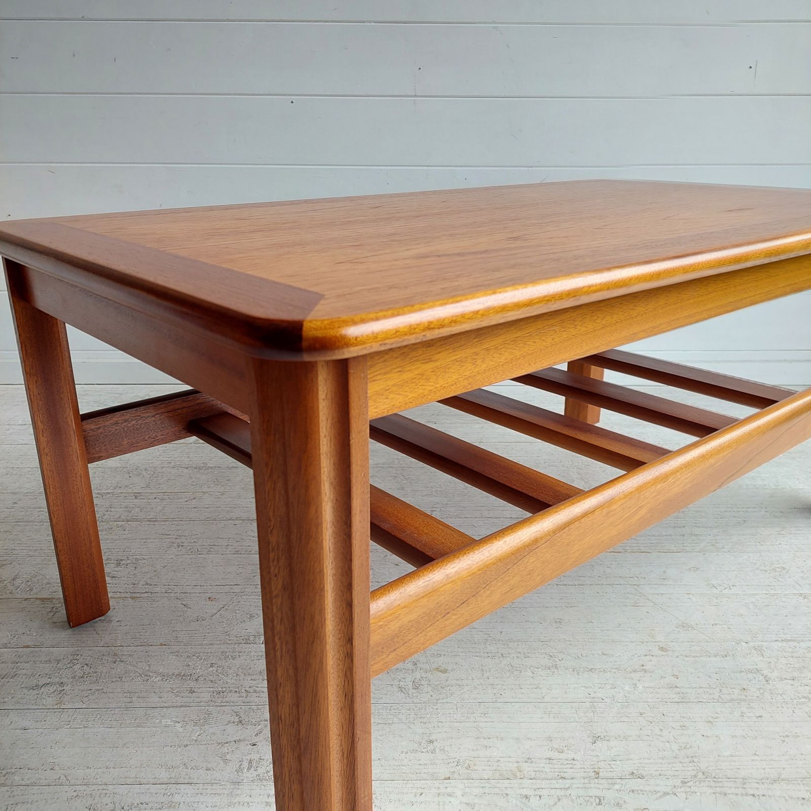 Mid Century Teak Two Tier Coffee Table With Slatted Magazine Rack. 60s Danish Gplan Style photo for sale