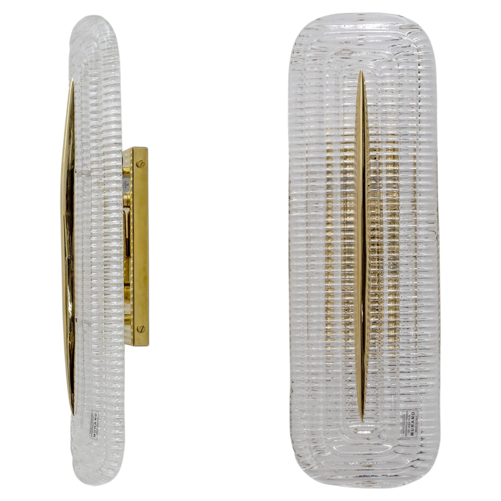Pair Of Modern Murano Glass Transparent And Brass Sconces, Italy