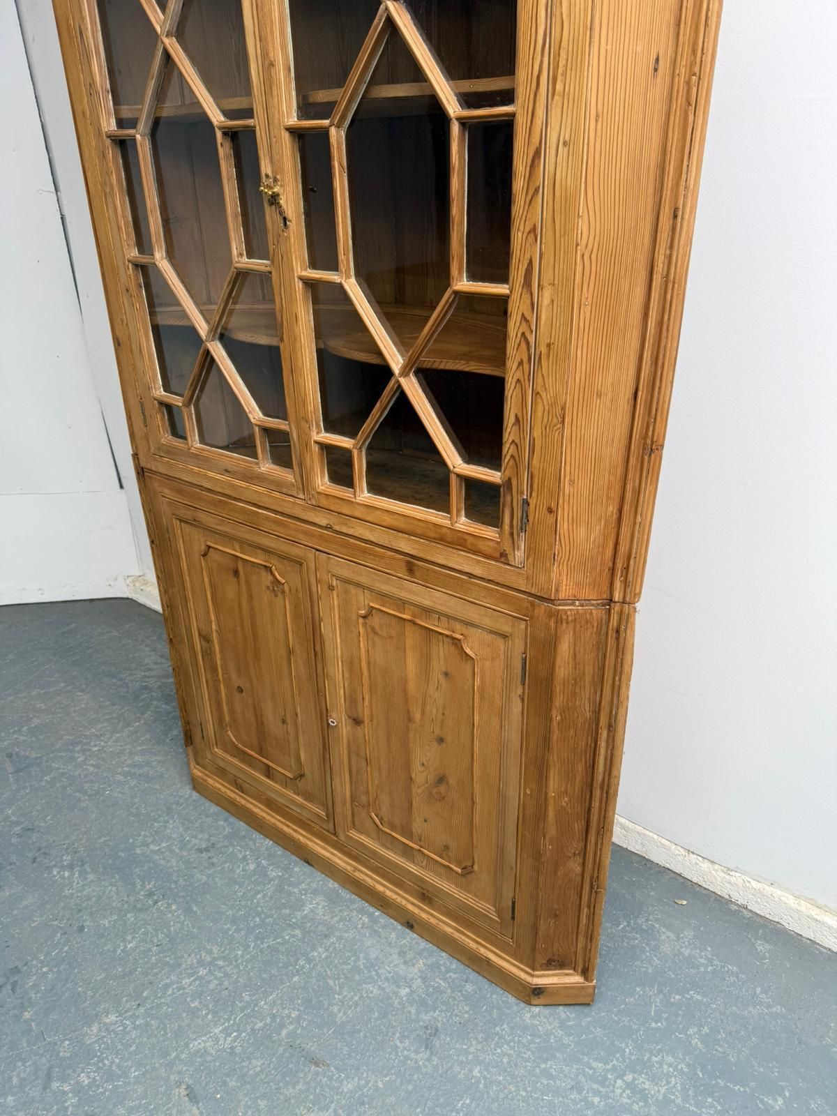 A Rare Early Georgian Pine Astral Glazed Barrel Back 2 Piece Cabinet photo furniture