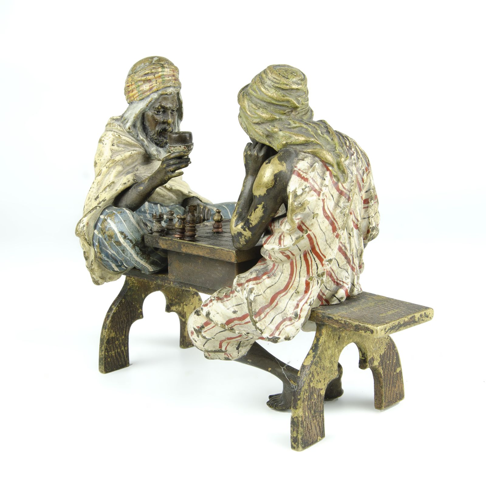 Late 19th Century Vienna Secession Cold Painted Bronze Small Sculpture Of Two Men Playing Chess By Franz Bergmann/Nam Greb, Austria photo for sale