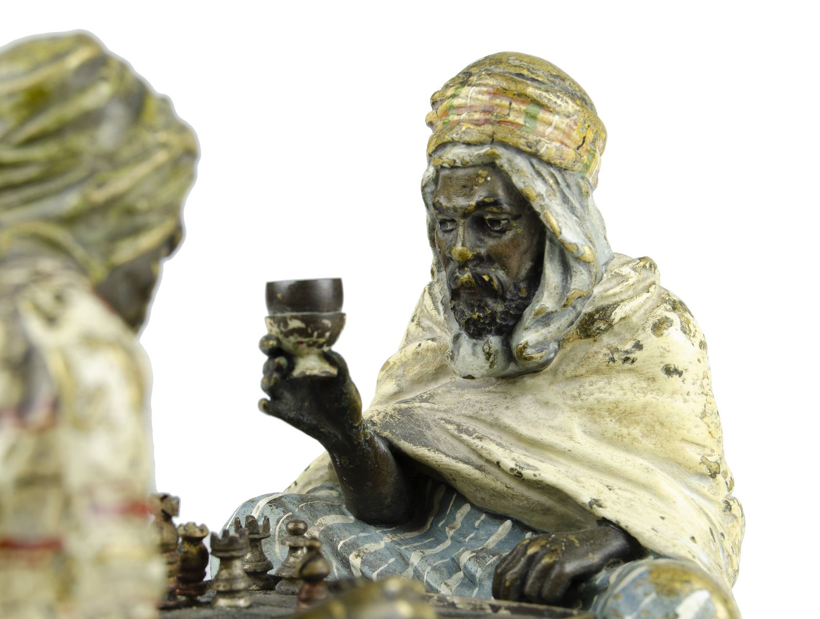 Late 19th Century Vienna Secession Cold Painted Bronze Small Sculpture Of Two Men Playing Chess By Franz Bergmann/Nam Greb, Austria photo Art