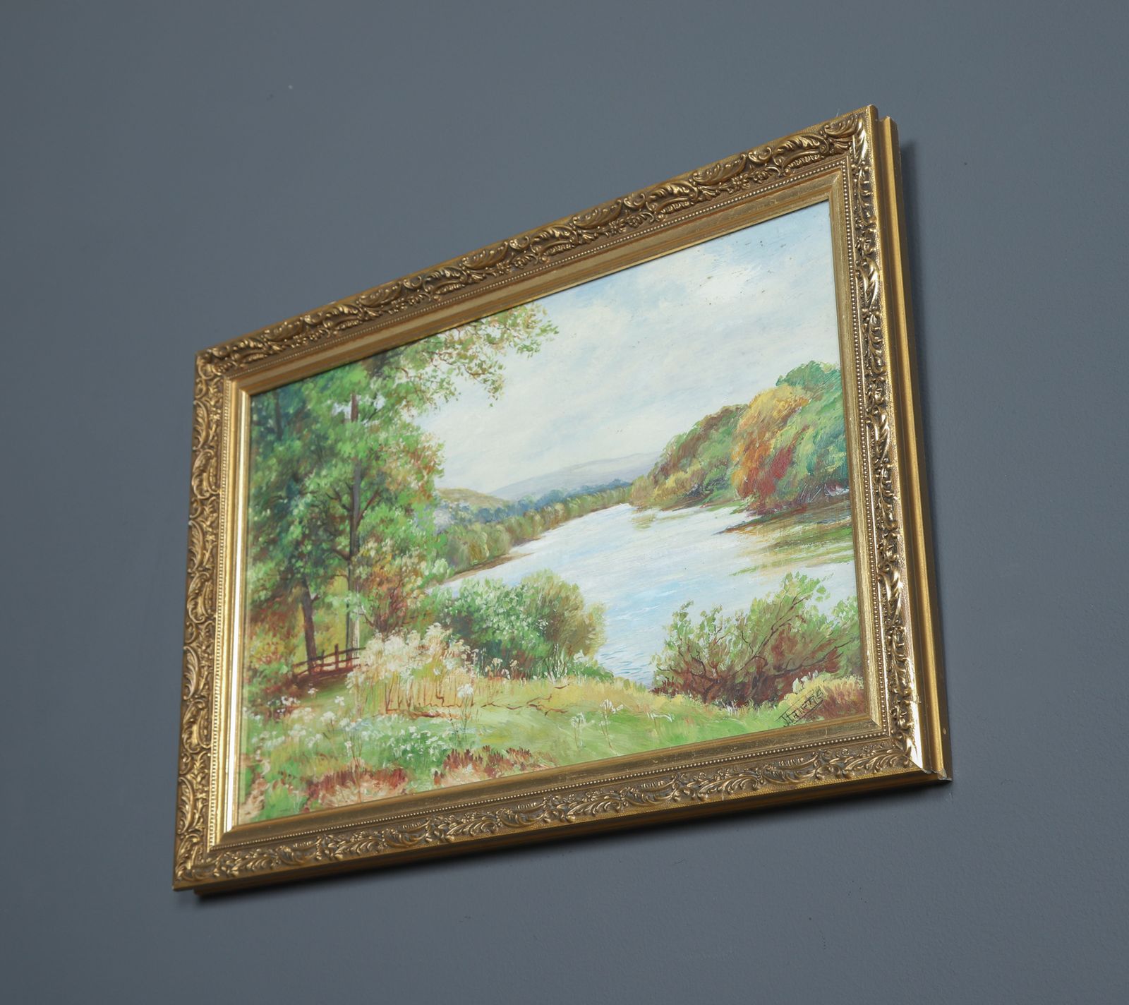 photo buy Small Antique English Acrylic Painting Picture Of A River Landscape Scene By J. Phipps (Circa 1930)