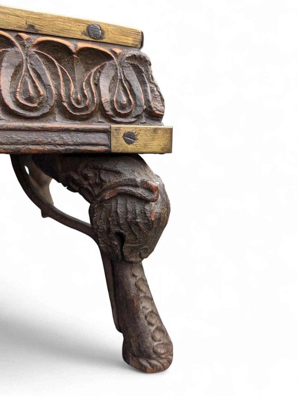 Antique Indian Bajot Low Table – 19th Century Carved Teak Chowki photo buy