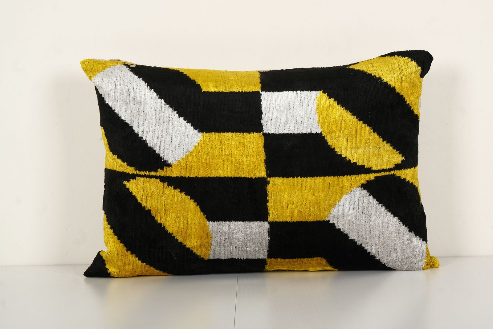 Hand Woven Velvet Ikat Lumbar Pillow Cover, Yellow Designer Cushion, Round Pattern Uzbek Couch Pillow 16" X 24"