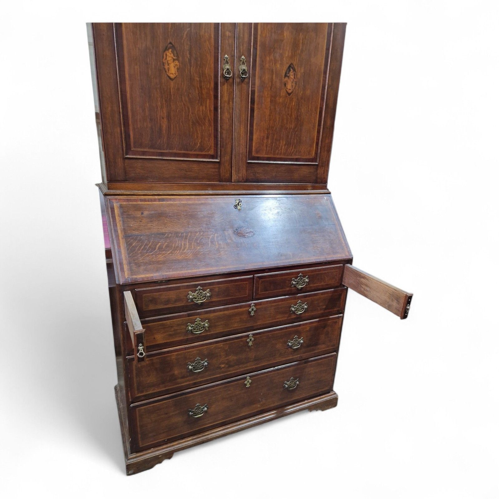 Victorian Inlaid Oak Bureau Bookcase Georgian Revival C1890 Writing Desk Drawers photo vintage