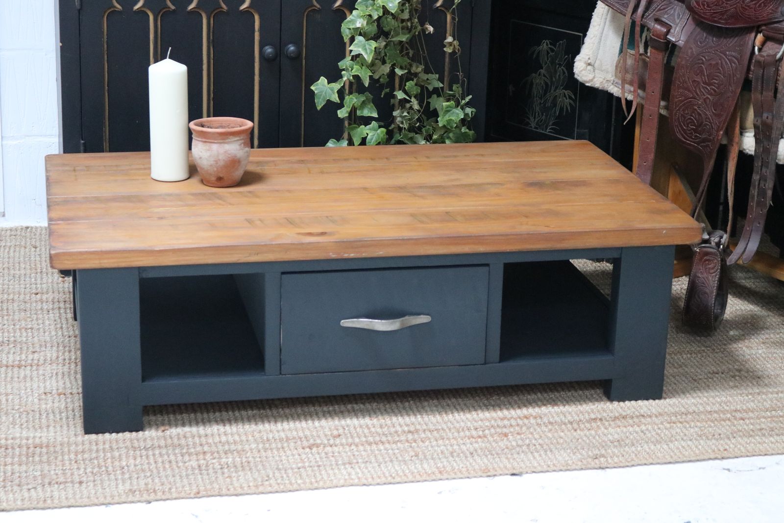 Rustic Solid Wood Chunky Large Coffee Table With Drawer photo furniture