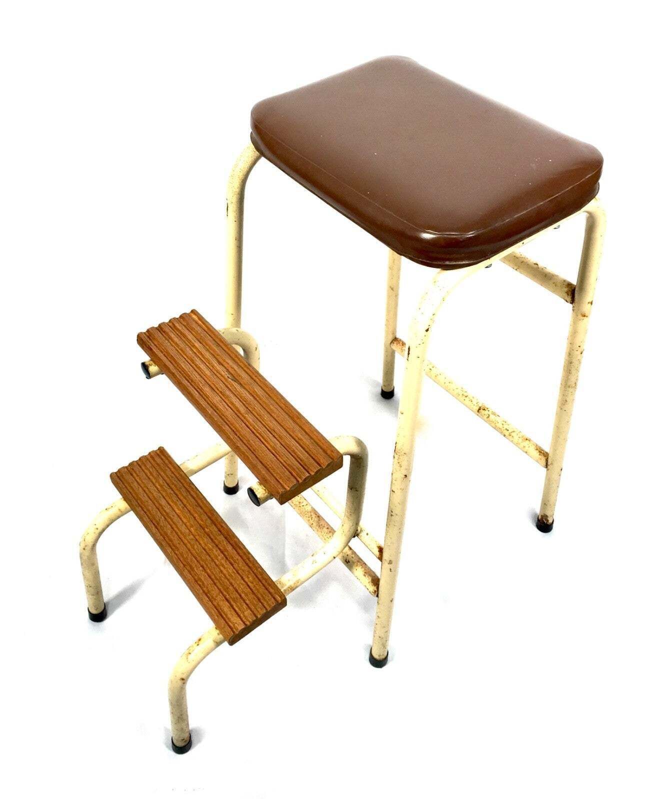 Antique Metal & Wooden Mid 20th Century Metamorphic Stool / Step Ladder C.1950