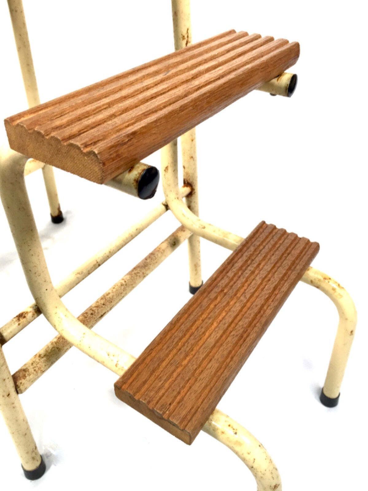 Antique Metal & Wooden Mid 20th Century Metamorphic Stool / Step Ladder C.1950 photo vintage
