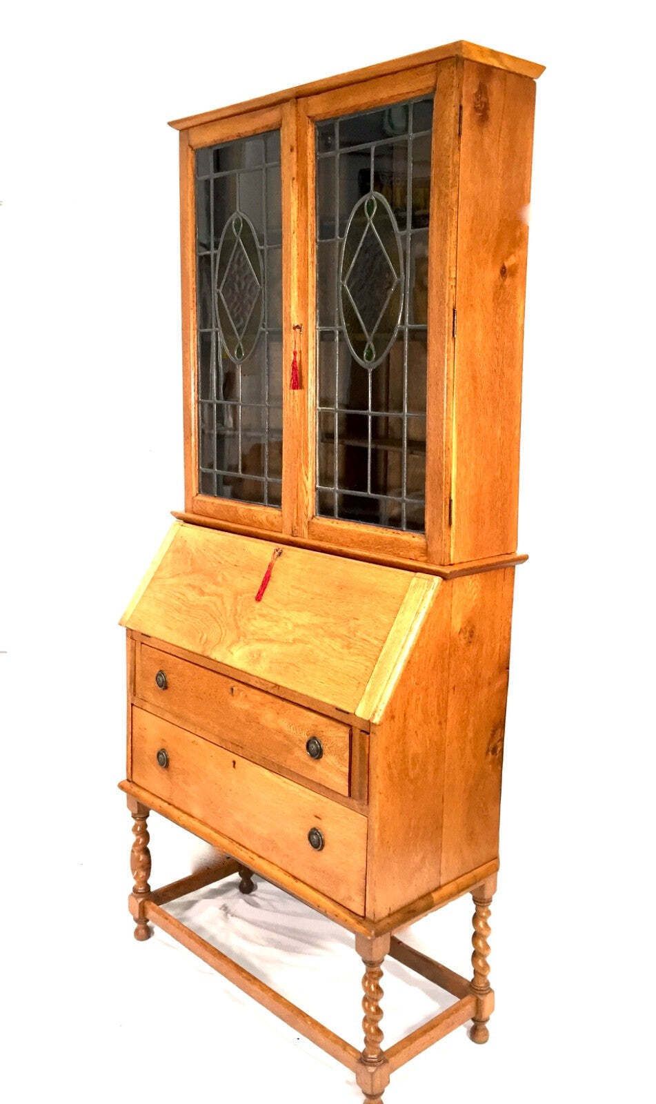 Antique Oak Wooden Bureau & Display Bookcase Cabinet With Glazed Doors C.1930 photo furniture