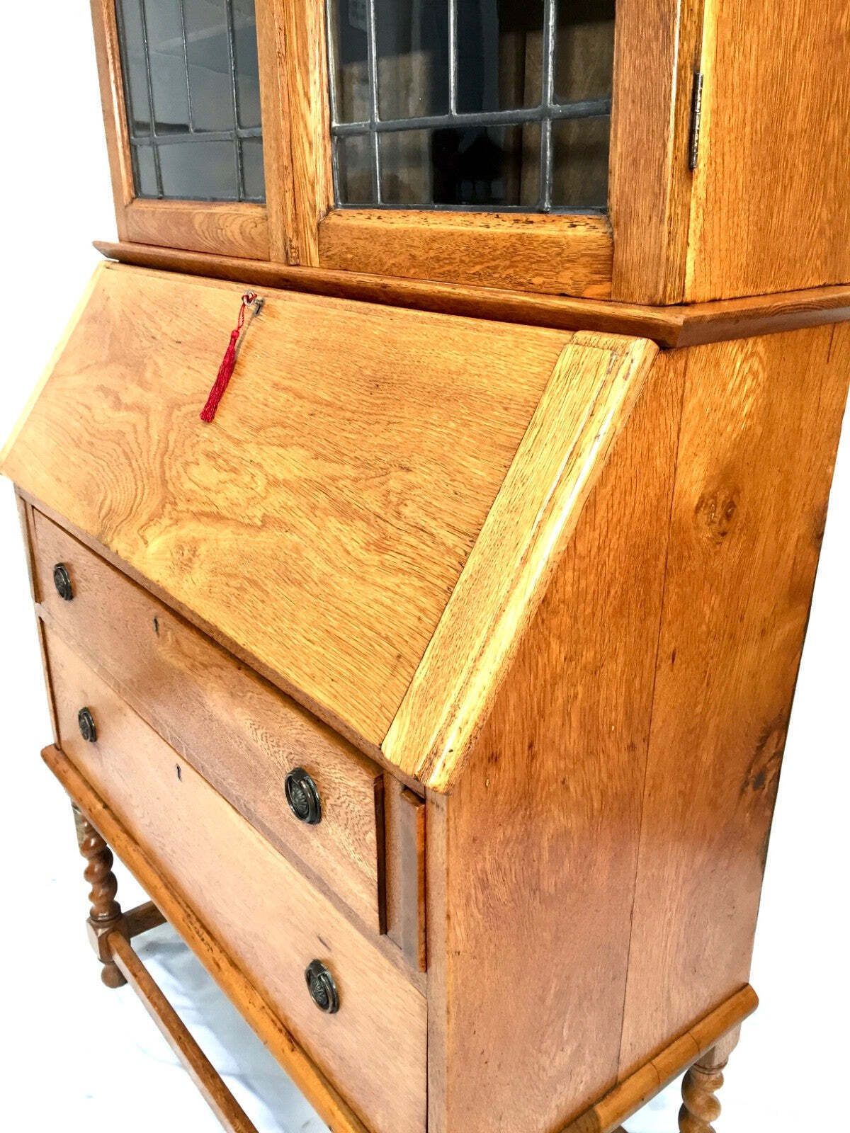 Antique Oak Wooden Bureau & Display Bookcase Cabinet With Glazed Doors C.1930 photo 495.0