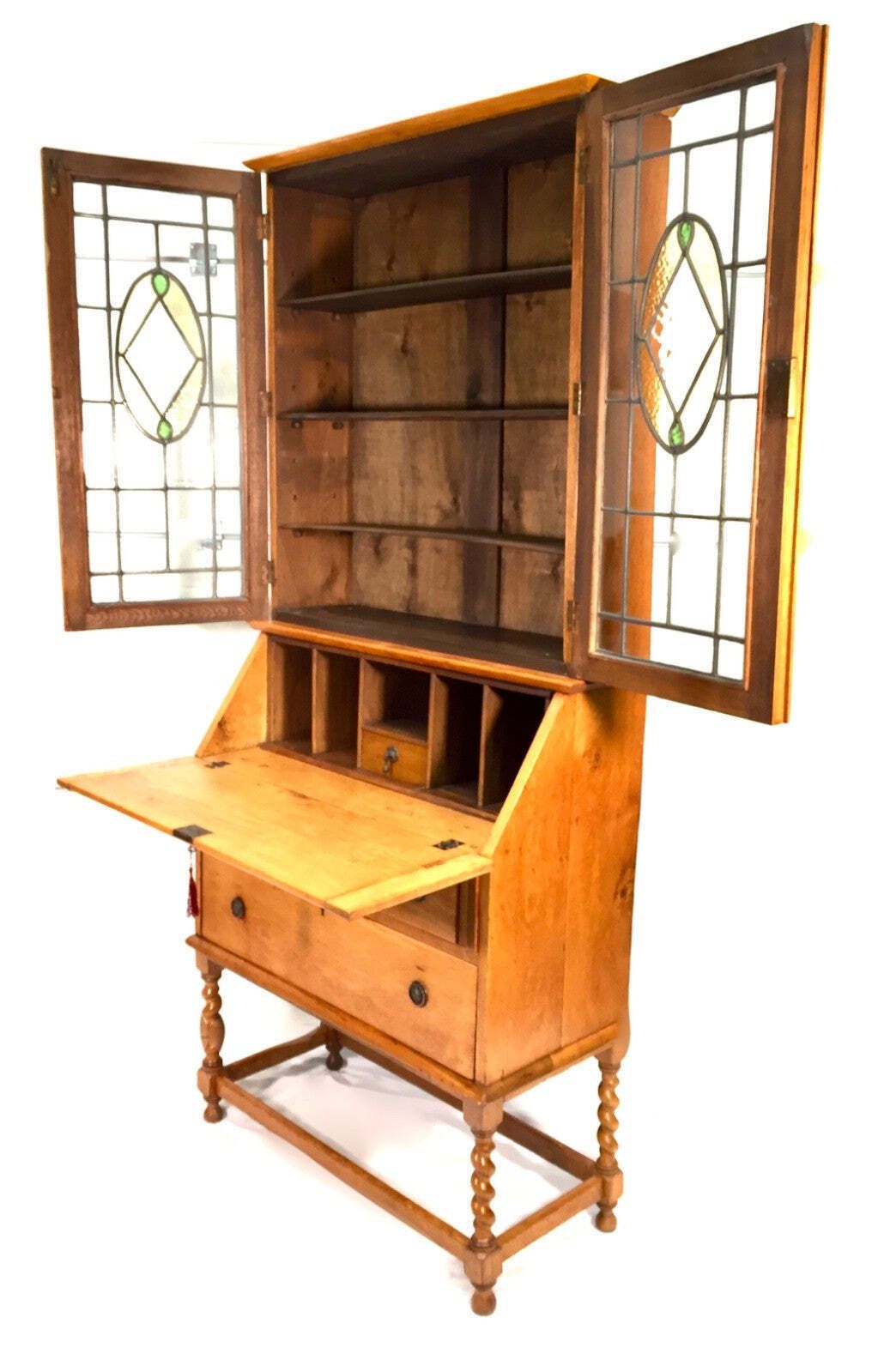 Antique Oak Wooden Bureau & Display Bookcase Cabinet With Glazed Doors C.1930 photo buy