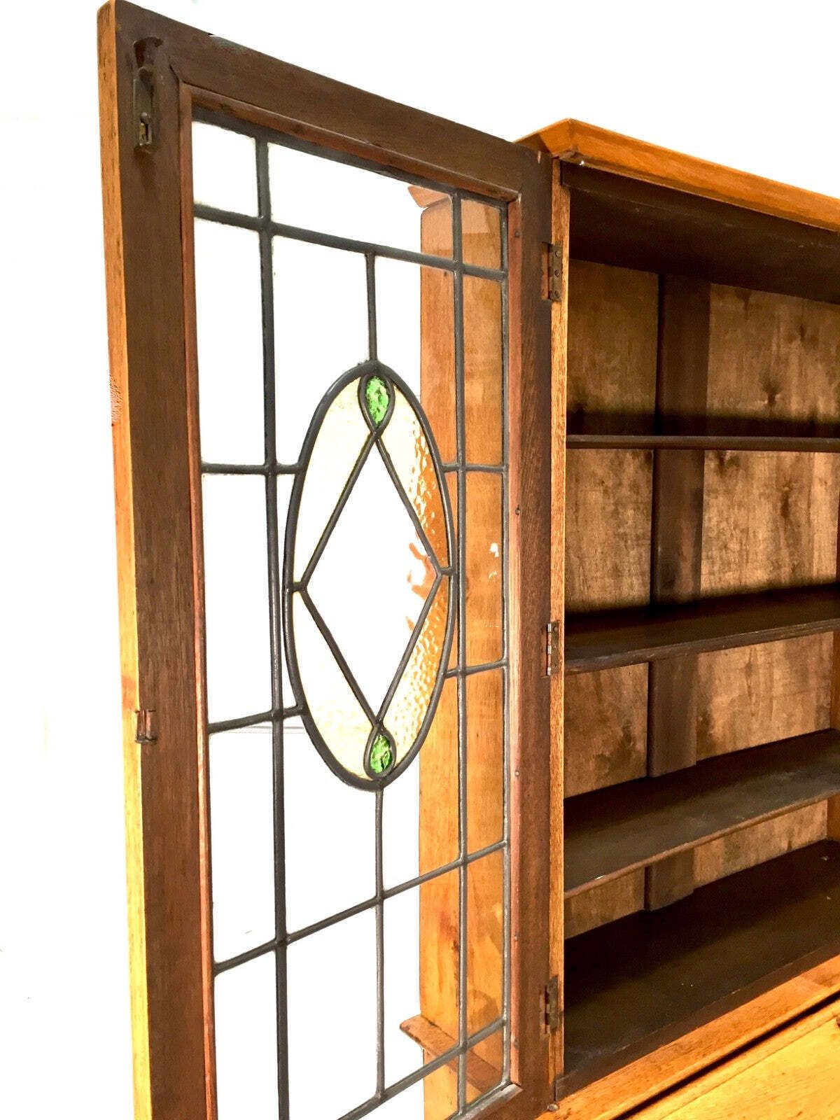 photo furniture Antique Oak Wooden Bureau & Display Bookcase Cabinet With Glazed Doors C.1930