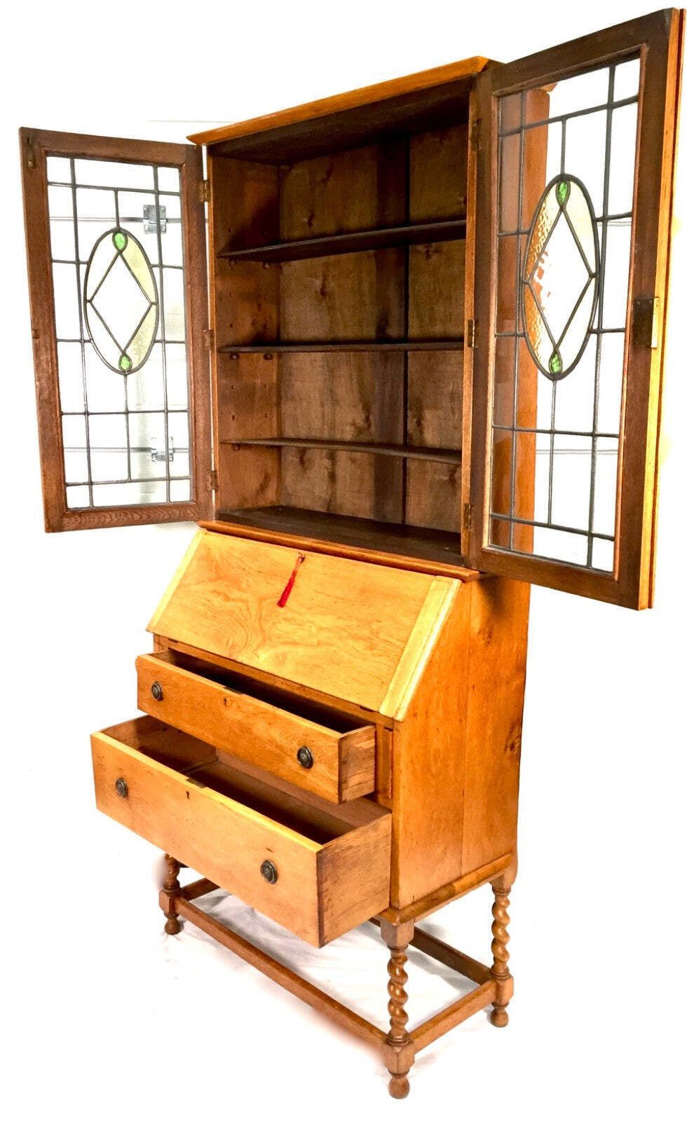 Furniture Antique Oak Wooden Bureau & Display Bookcase Cabinet With Glazed Doors C.1930 photo