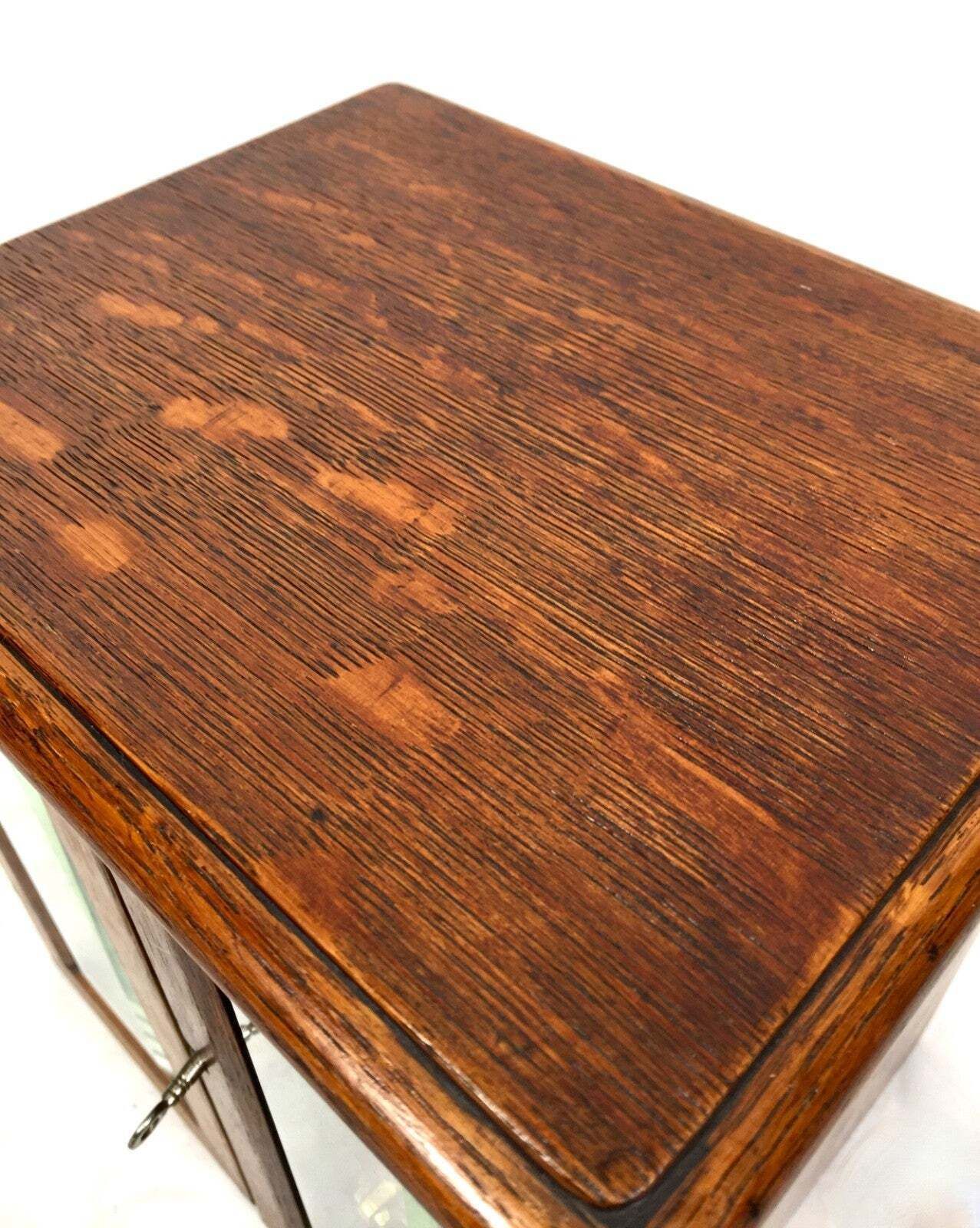 Antique Wooden Oak & Glass Tabletop Cabinet / Drawers / Jewellery Box With Key photo Furniture
