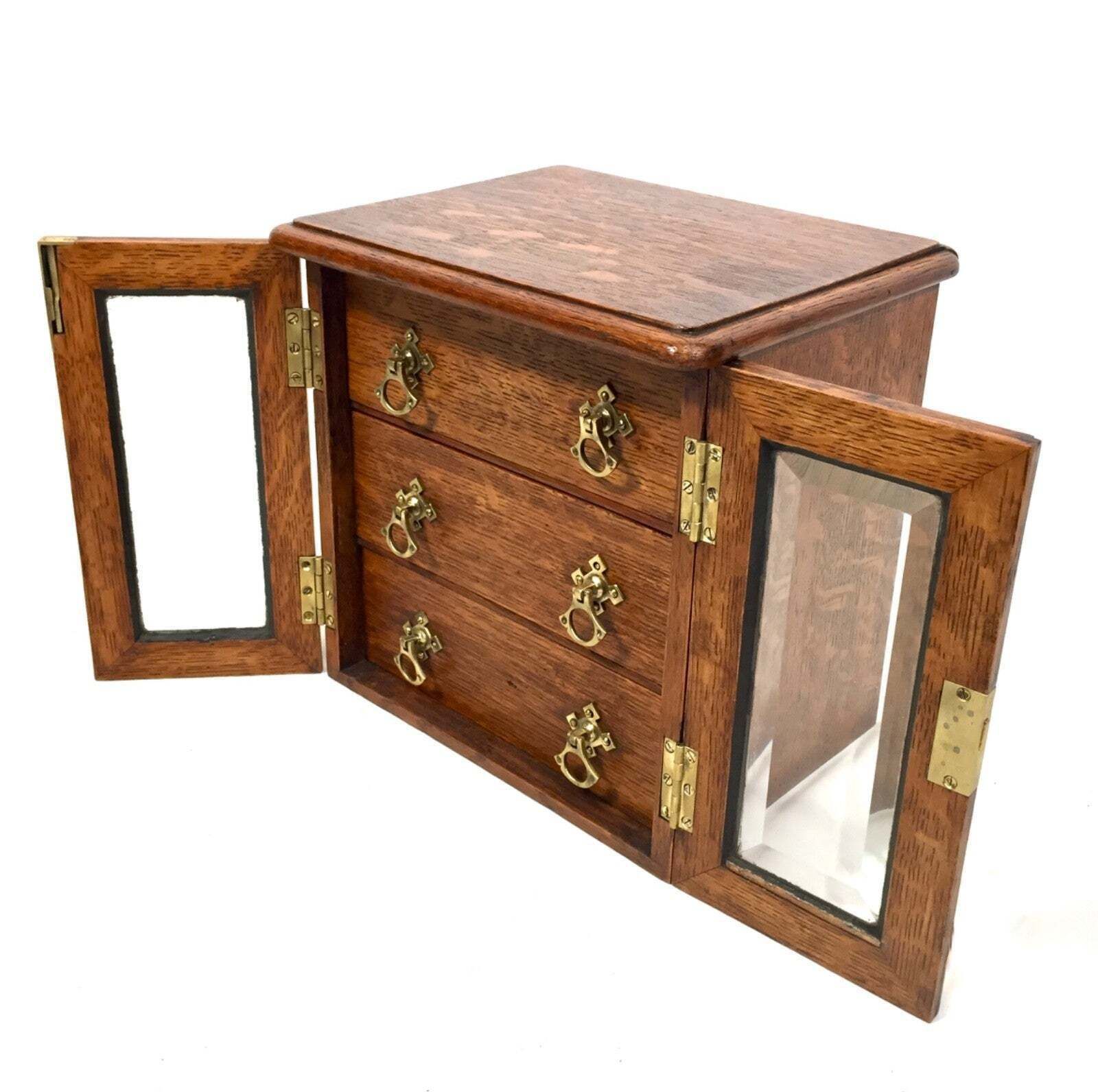 Antique Wooden Oak & Glass Tabletop Cabinet / Drawers / Jewellery Box With Key photo vinterior