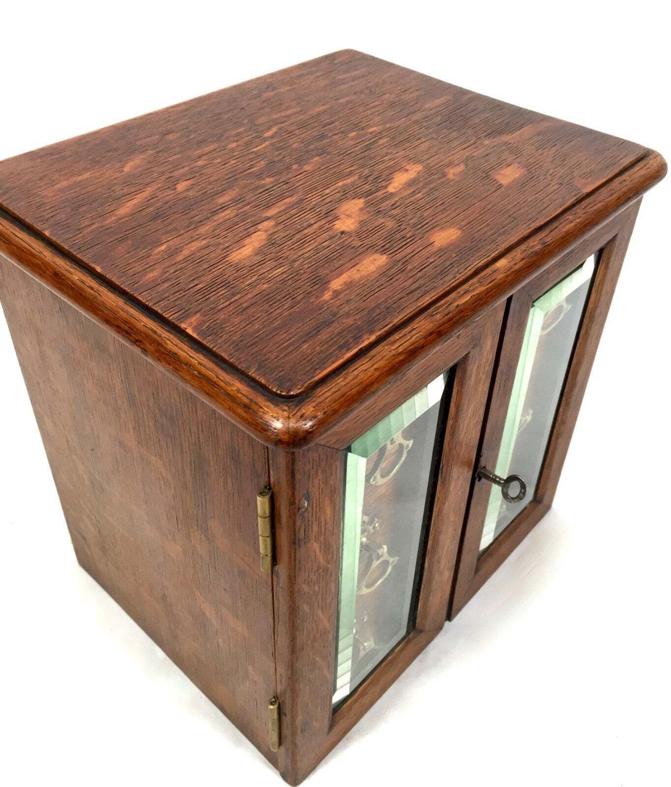 photo buy Antique Wooden Oak & Glass Tabletop Cabinet / Drawers / Jewellery Box With Key
