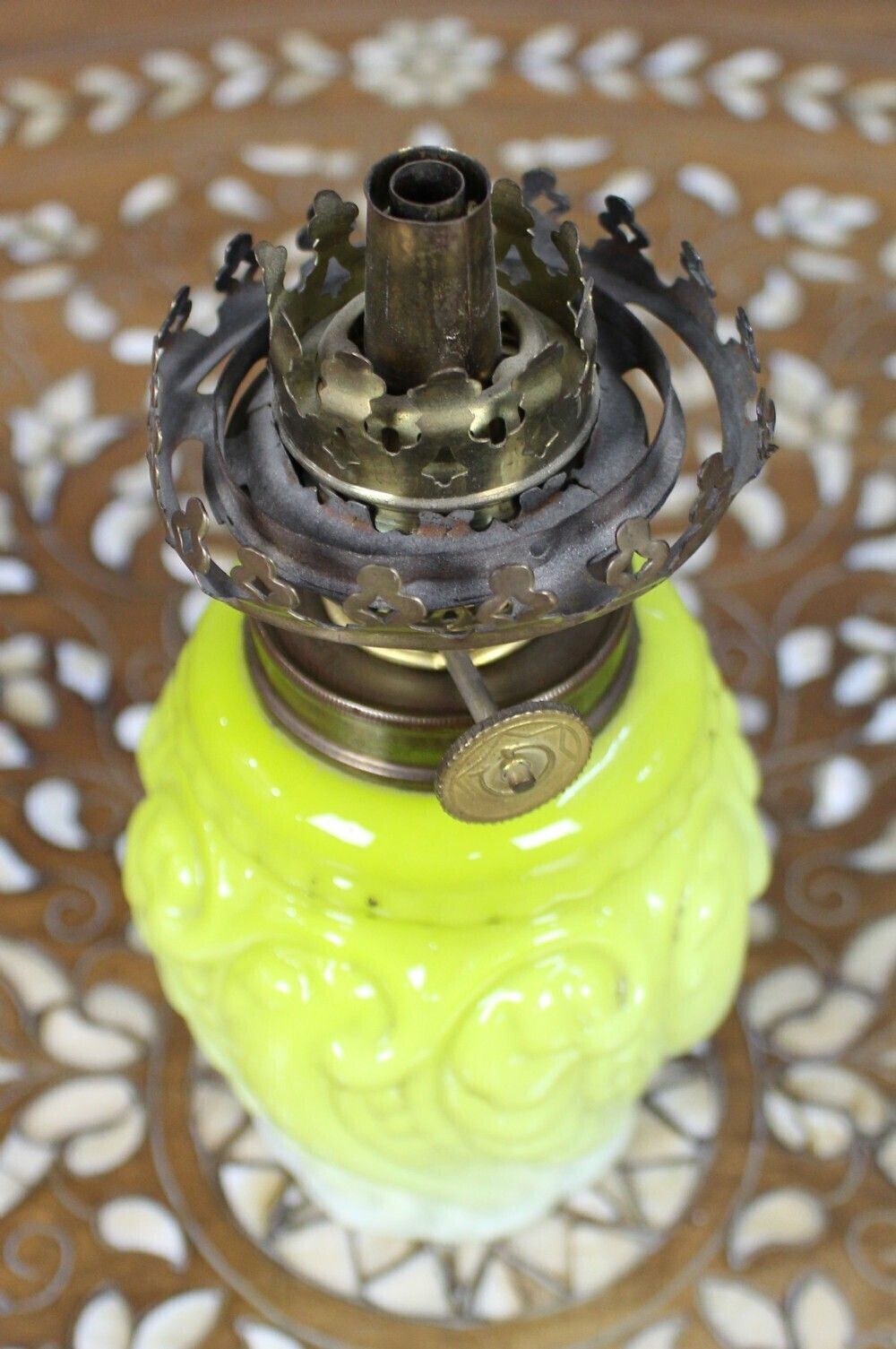 Victorian Yellow Opaline Glass Oil Lamp With Brass Burner photo for sale