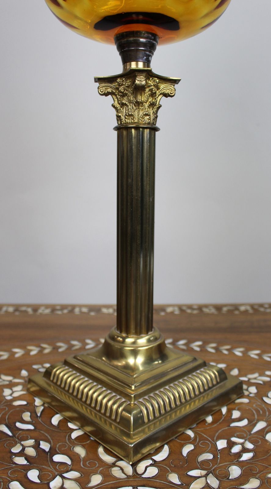 photo for sale Victorian Brass Oil Lamp With Amber Glass Font