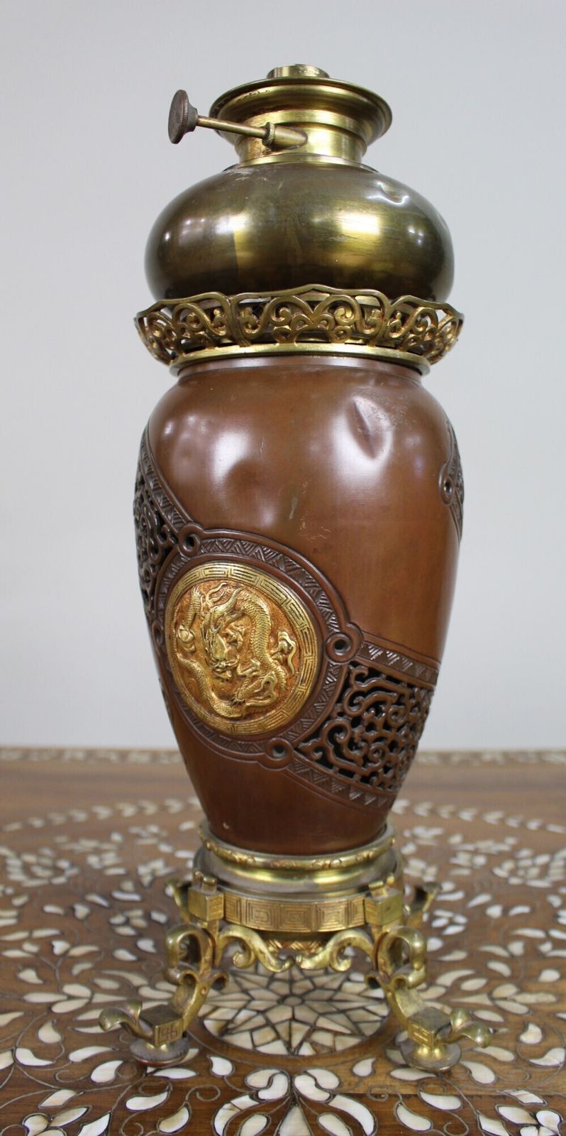 Meiji Period Japanese Bronze Oil Lamp C.1900 photo Lighting