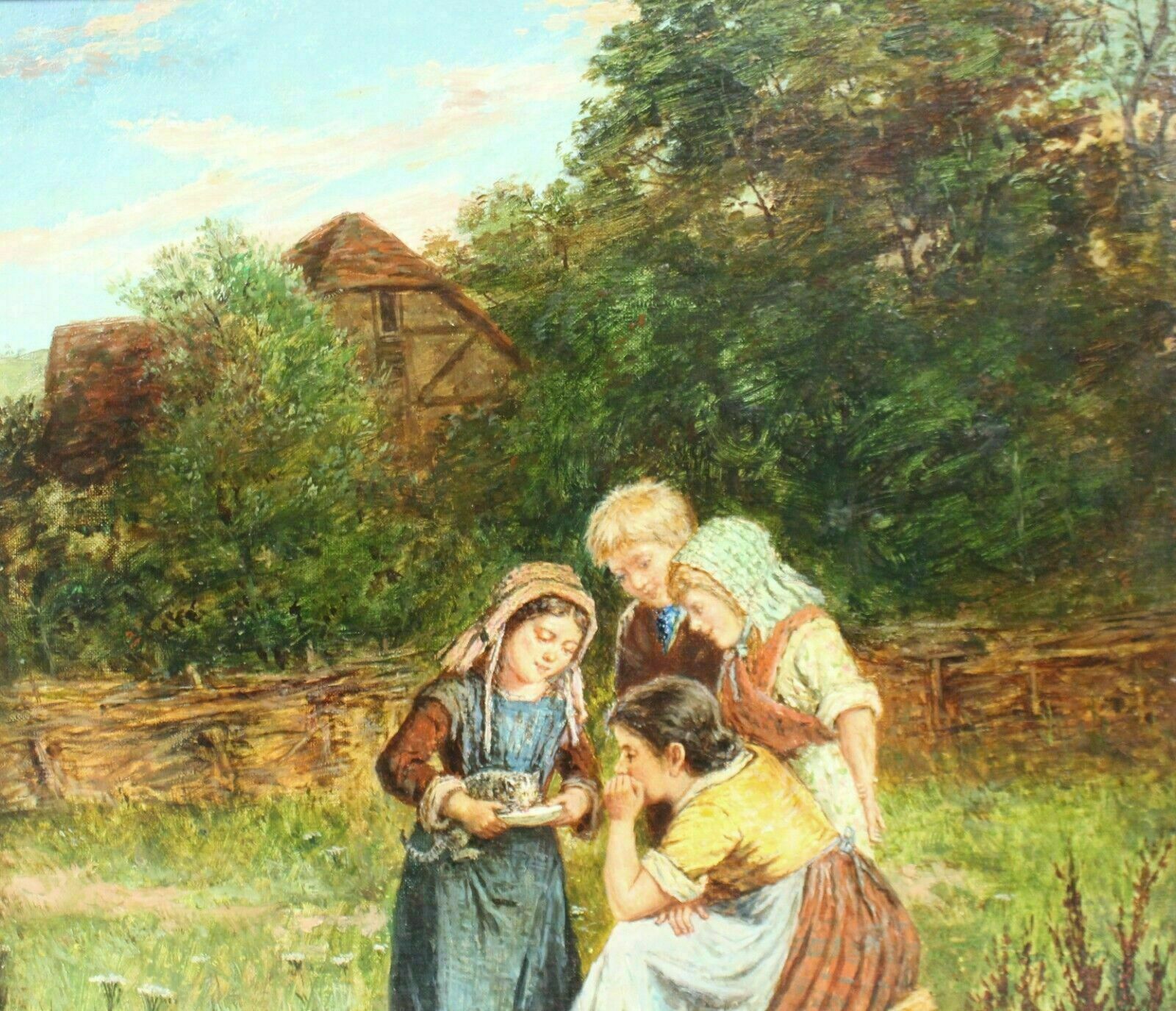 Feeding The Kitten By Mark William Langlois (British, 1848 1924) Oil On Canvas photo for sale