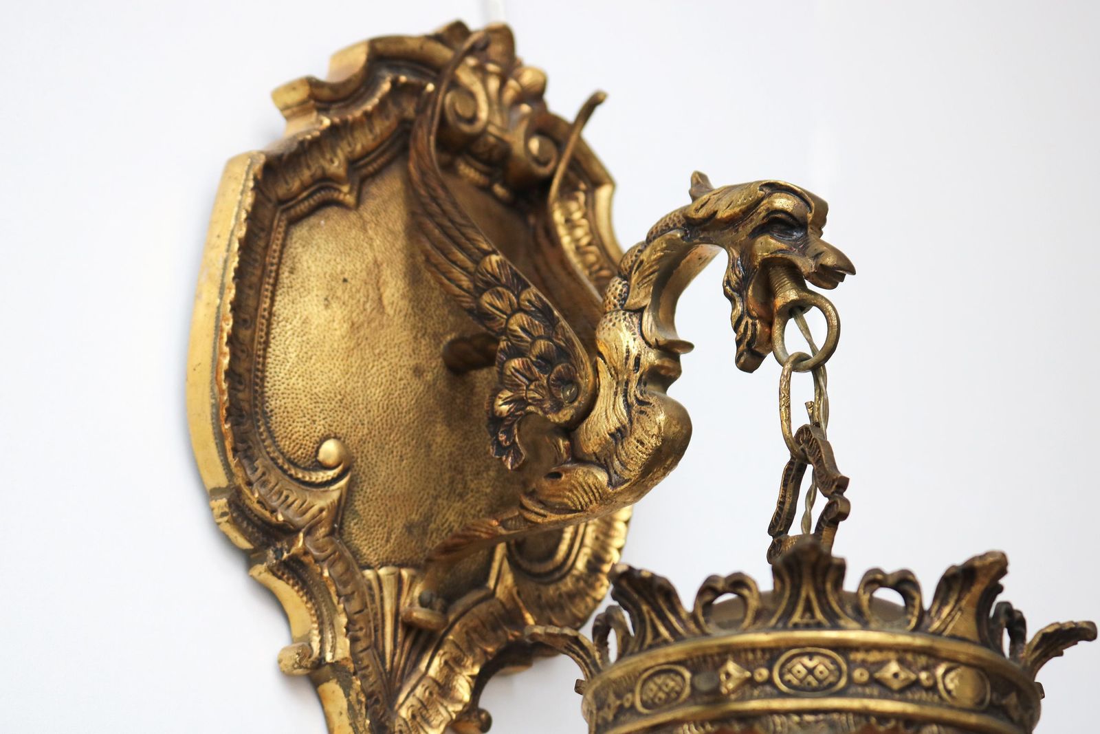 Antique Bronze Gothic Dragon Griffin Wall Sconce – Early 20th Century Mythological Lighting photo furniture