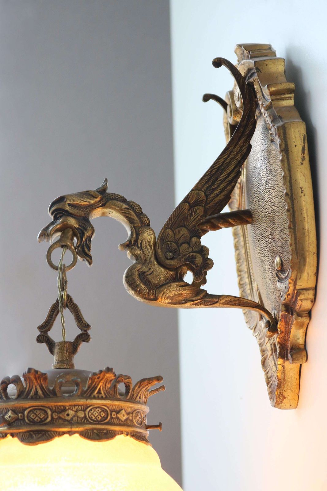 photo for sale Antique Bronze Gothic Dragon Griffin Wall Sconce – Early 20th Century Mythological Lighting