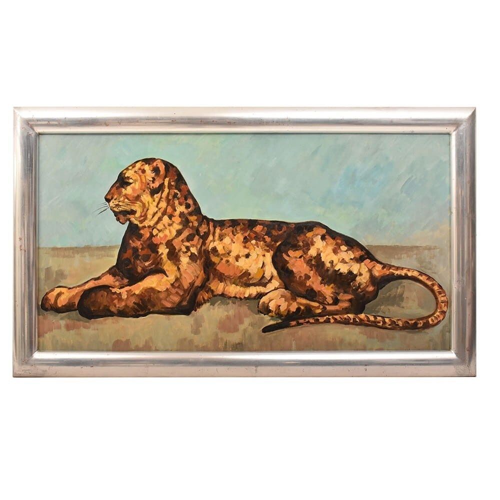 Leopard Portrait Painting, Oil On Cardboard, Mid 20th Century.