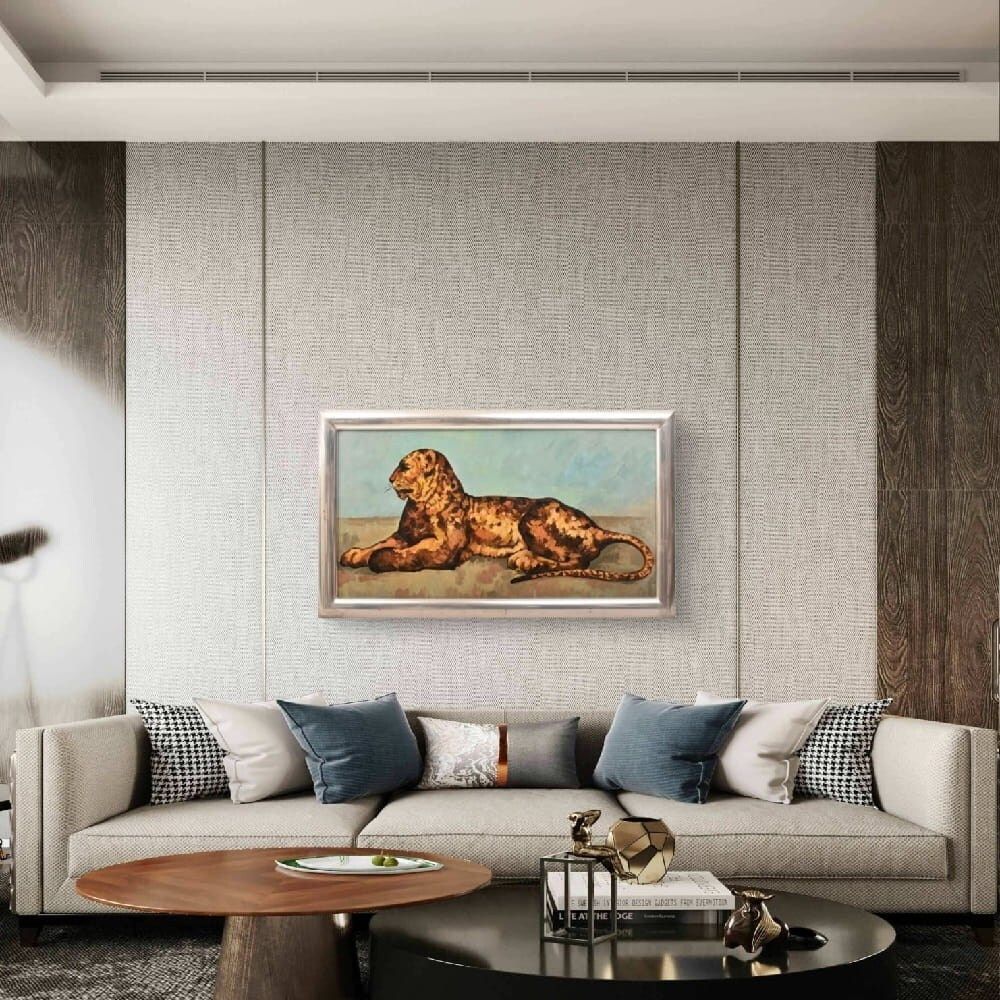 Leopard Portrait Painting, Oil On Cardboard, Mid 20th Century. photo furniture