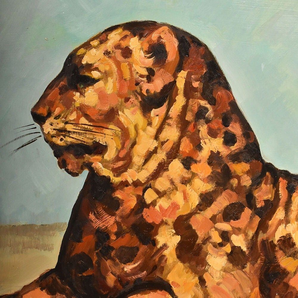Leopard Portrait Painting, Oil On Cardboard, Mid 20th Century. photo 1700.0