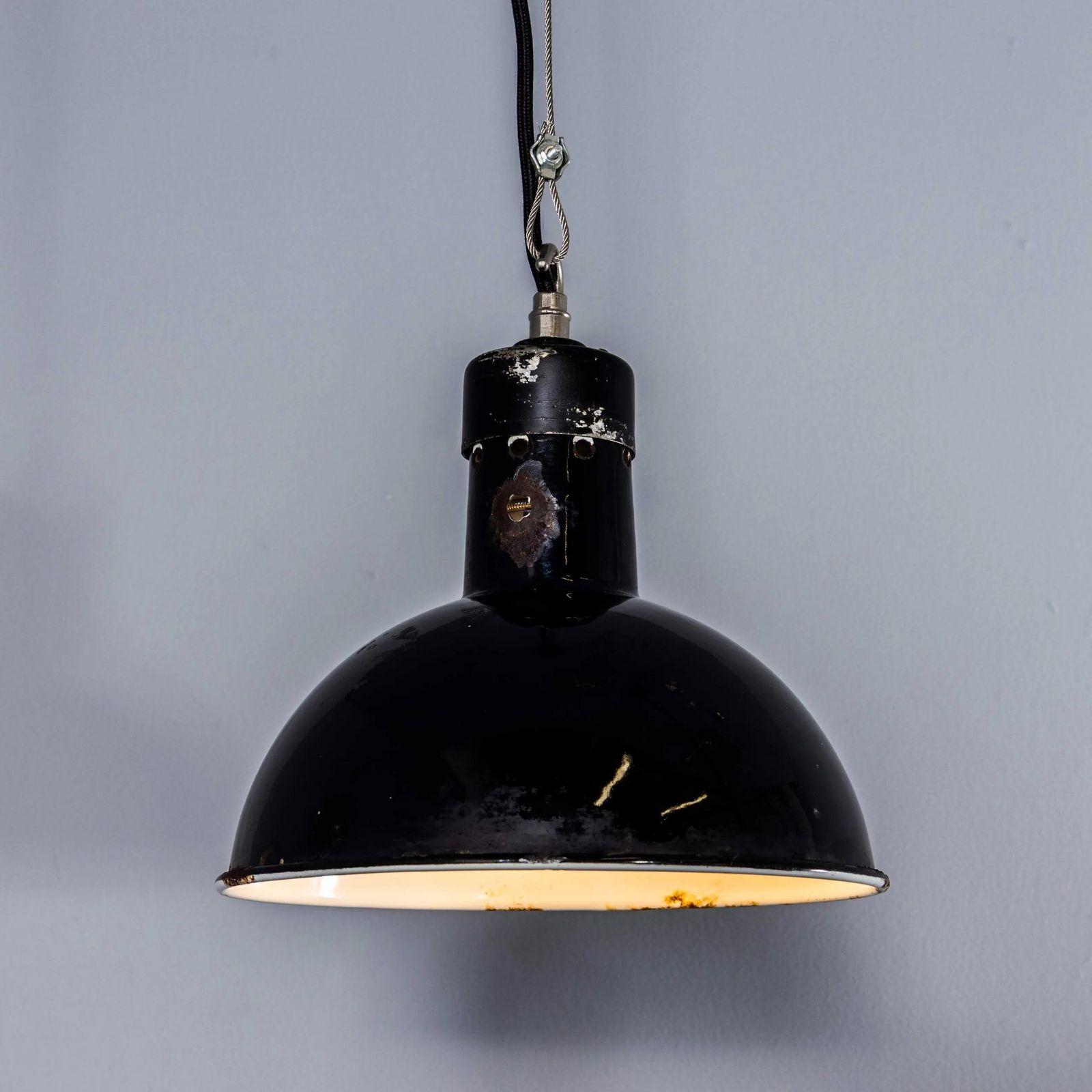 photo for sale 1940’s English Black Enamel Factory Lamps – 10 Inch