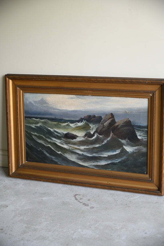 Dramatic Coastal Oil Painting, Early 20th Century photo 345.0