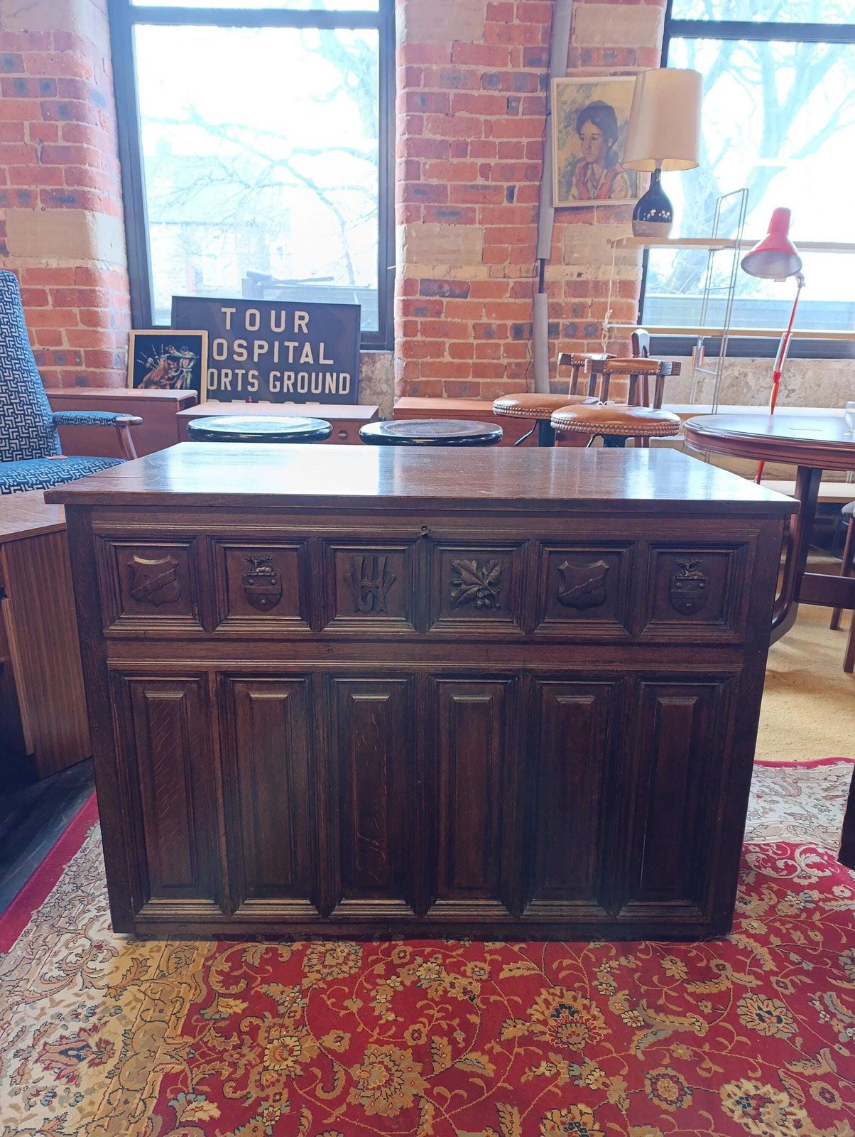 Tudor Revival Oak Coffer With Carved Heraldic Panels Early 20th Century