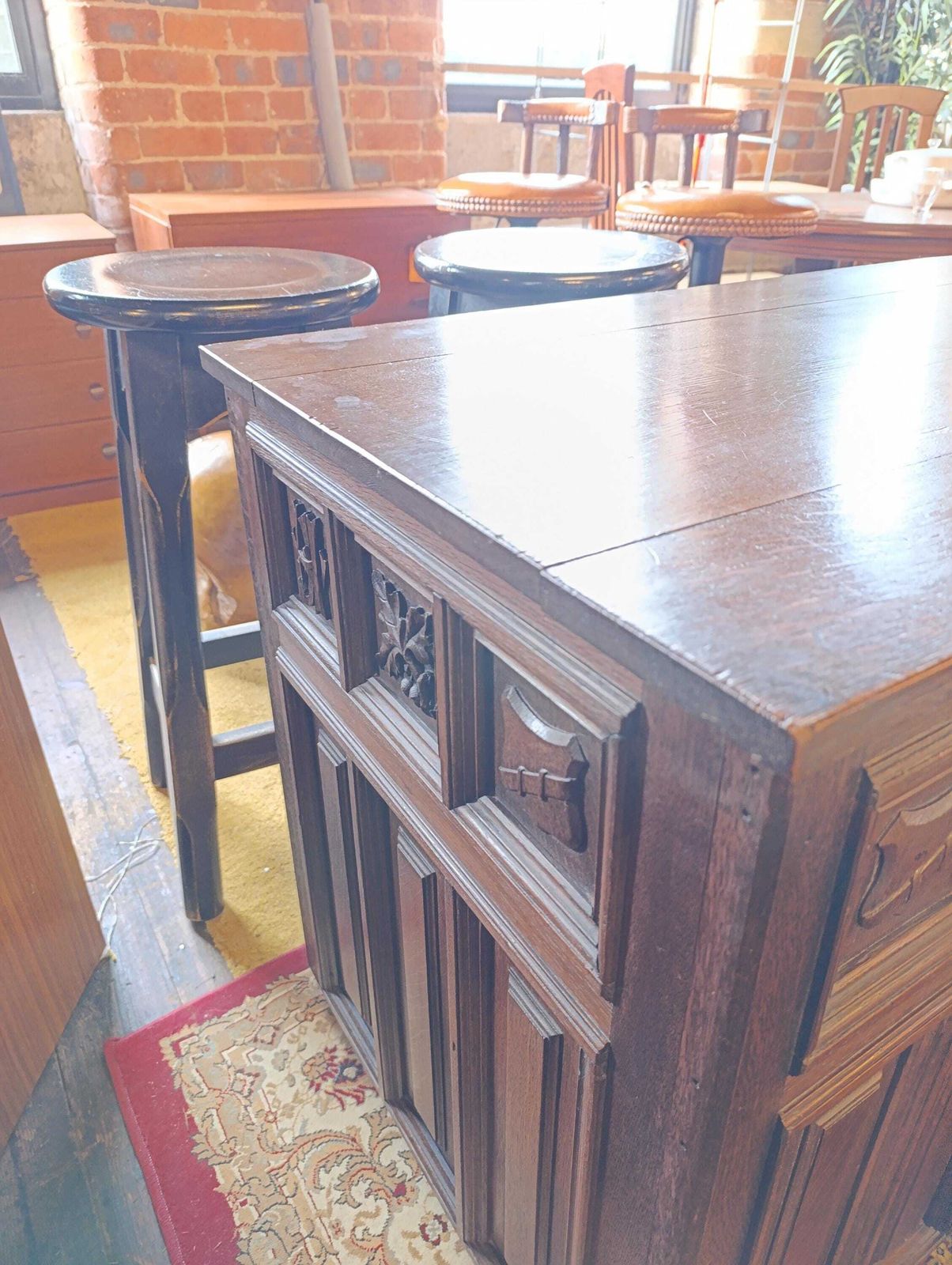 Tudor Revival Oak Coffer With Carved Heraldic Panels Early 20th Century photo 695.0