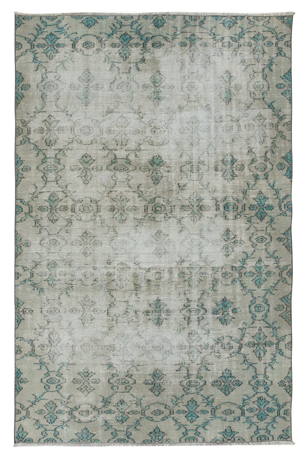 6.3x9.4 Ft Vintage Handknotted Turkish Wool Area Rug   Muted Sage & Beige Colors
