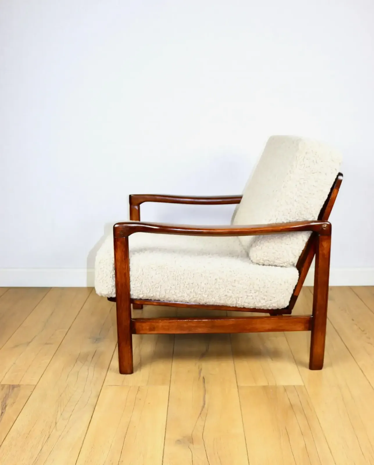 Vintage Brown Beige Ivory Wooden Armchair Long Hair Boucle Designed By Z. Bączyk   2 Pieces Available photo vinterior
