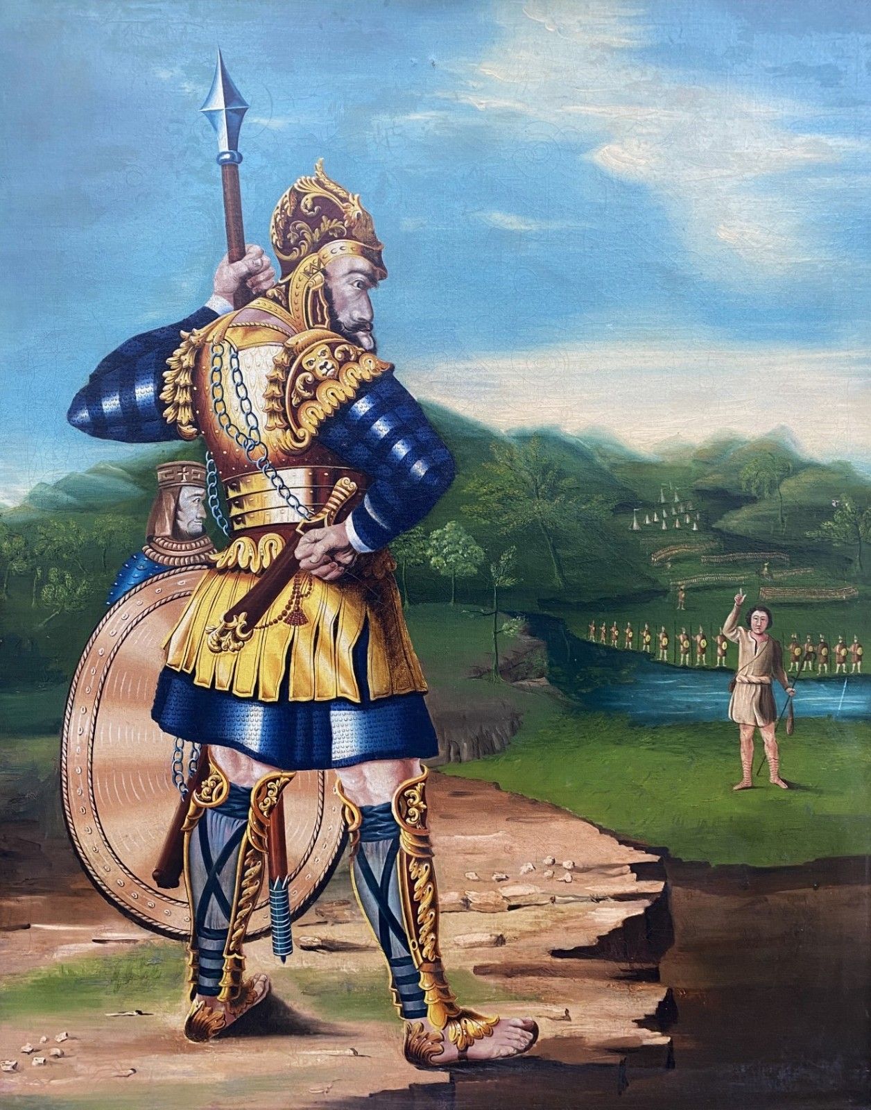 Large Portrait Painting David & Goliath Early 20th Century Antique Oil On Canvas photo furniture